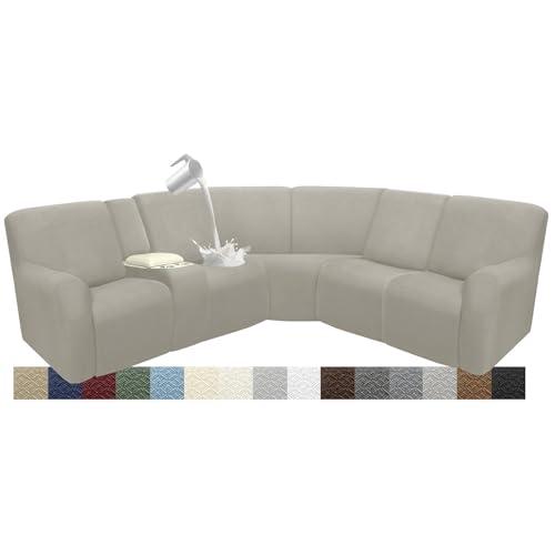 ROFASVCO Reclining Sectional Couch Covers L Shape Waterproof Washable Recliner Sofa Cover for L Shaped Sectional Super Stretch Soft Corner Recliner Slipcovers (5 Seater 1 Console Cover, Light Khaki)