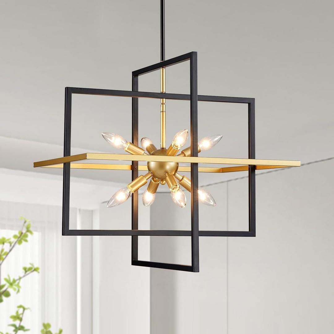 XINGQI 22" Rustic Geometric Pendant Lighting 8-Light Black and Gold Farmhouse Chandelier Ceiling Light Fixtures for Dining Room Living Room Kitchen Island Bedroom Hallway