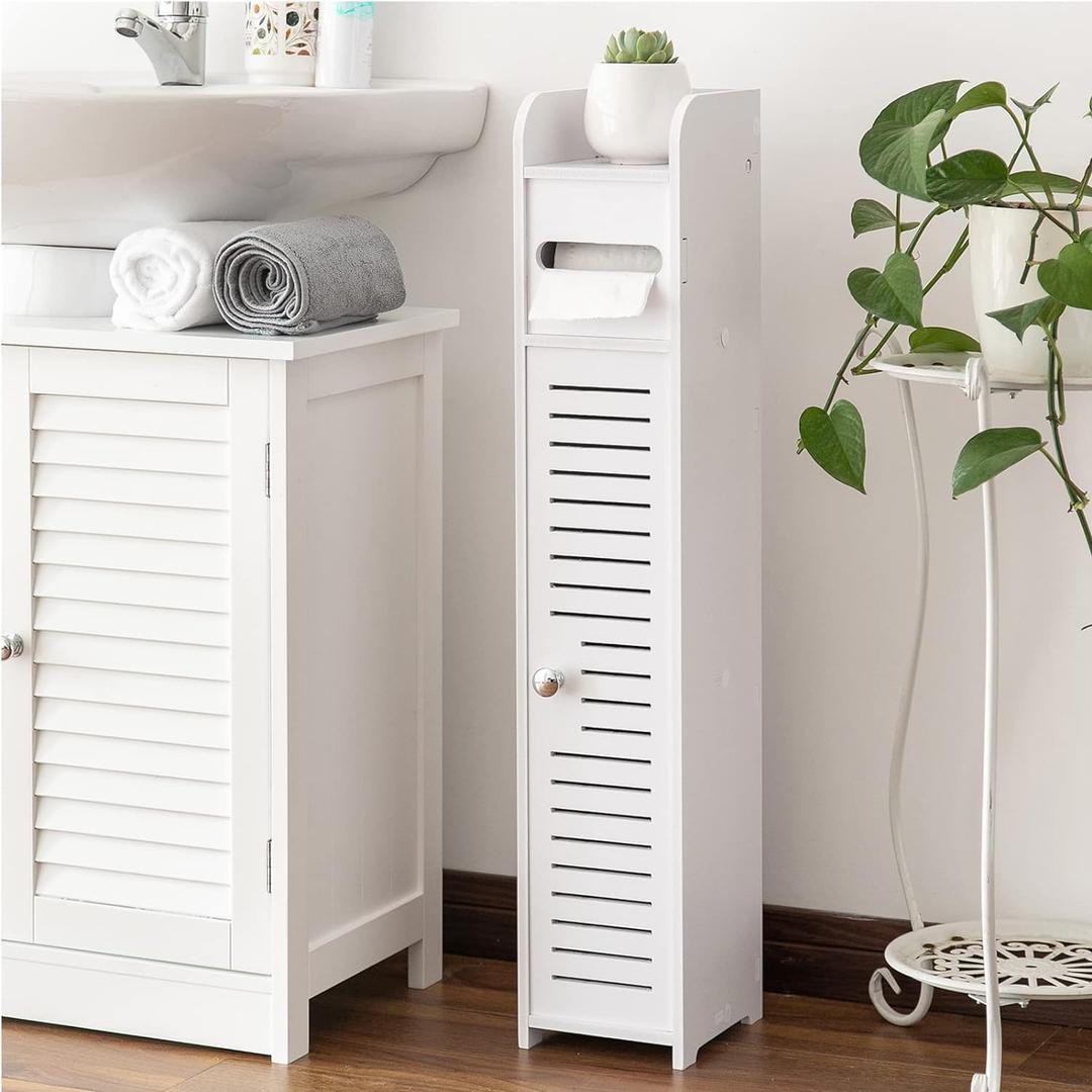 AOJEZOR Toilet Paper Holder Stand: Small Bathroom Storage Cabinet for Small Spaces,White