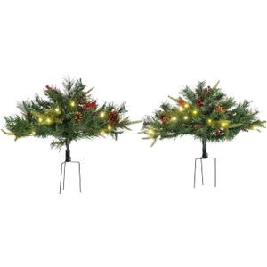 HOMCOM 2 Ft/22 inch 2 Pack Prelit Artificial Christmas Tree Cordless with 69 Branches, Warm White LED Lights, Red Berries, Pine Cones, for Outdoor Entryway, Green