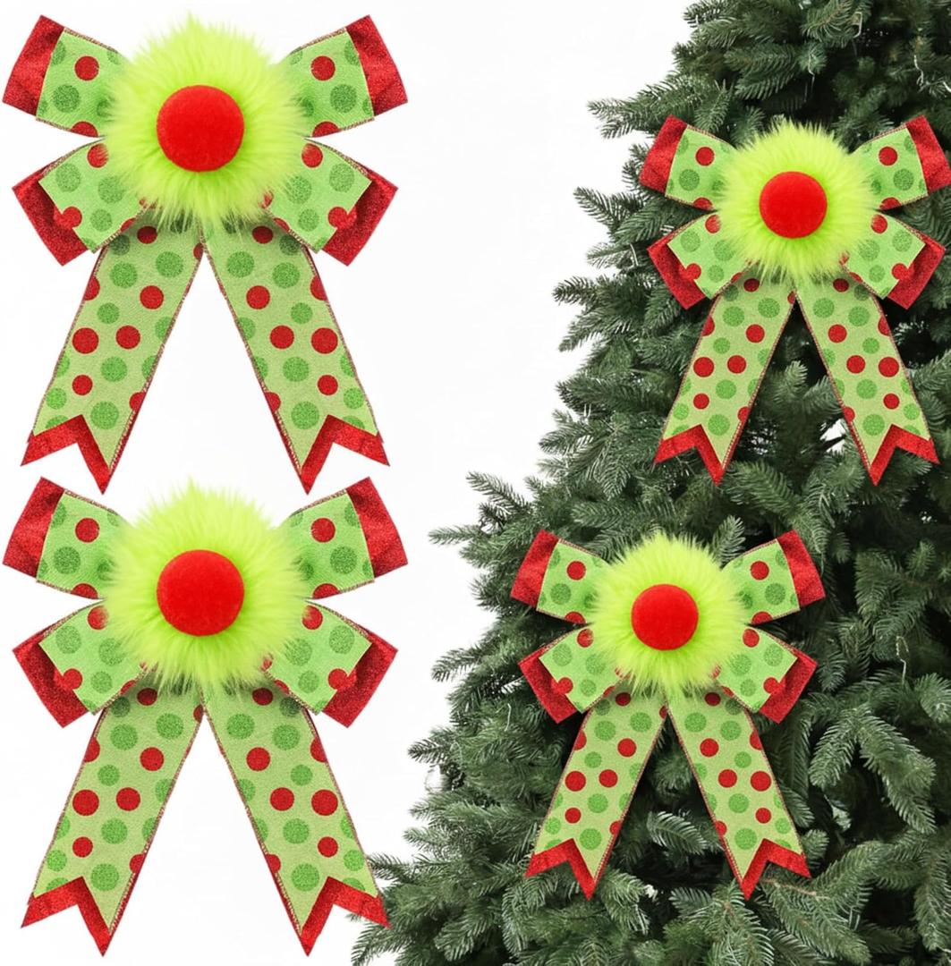 2 Pack Red Green Christmas Bows Decorations 9"x13" Large Plush Wreath Bows Ornaments with Green Red Dot for Xmas Tree Home Fence Stairs Fireplace Front Garland Indoor Outdoor Decor