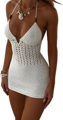 Women Knit Hollow Out Crochet Cover Up Sexy Halter Backless Bodycon Mini Dress Tie Up Swimwear Beach Dresses Small, White 