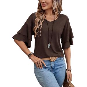 Women's V Neck Tiered Ruffle Sleeve Blouse, Elegant Casual Short Sleeve Fashion Top, Dressy Solid White Summer Shirt 3XL