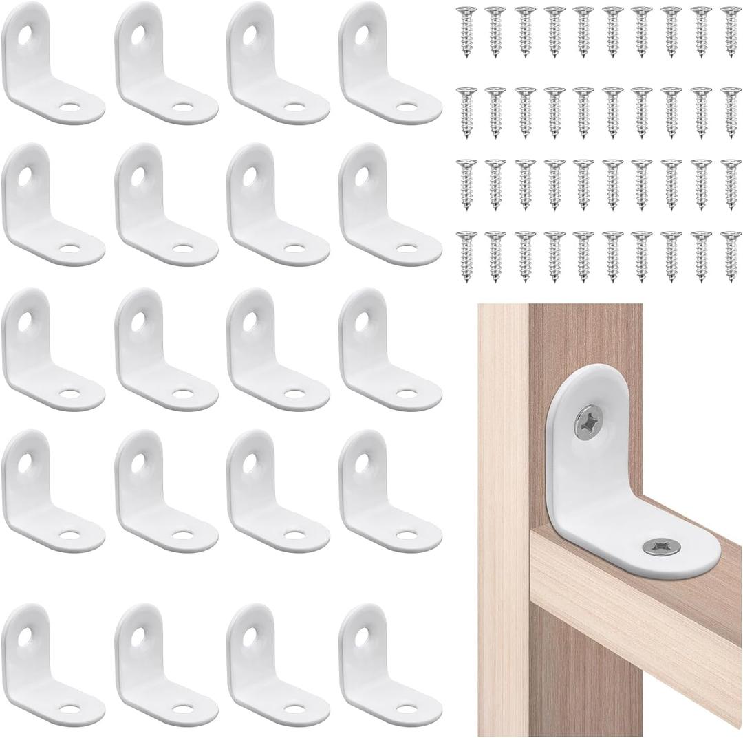 20pcs L Bracket Corner Brace, White 90 Degree Brace Small Right Angle Brackets with Screws Joint for Wood Right Angle Bracket Decorative Support Braces for Furniture Cabinet Shelves