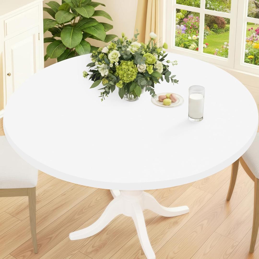 Smiry Round Spandex Tablecloth, Elastic Fitted Washable Tablecloths for 45"-56" Tables, Waterpoof Stretch Picnic Table Cover for Dining, Indoor and Outdoor, White