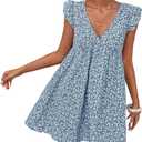 Women Boho Floral Summer Dresses Casual Backless V Neck Mini Dress Ruffle Beach Sundress (Medium, Blue)