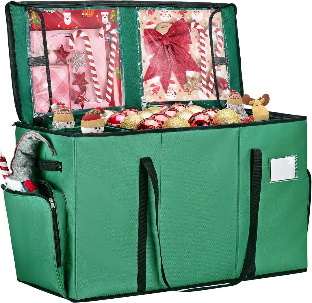 2-in-1 Christmas Ornament Storage Box & Xmas Figurine Container, Premium Christmas Ornament Storage Container - Holds Up to 64pcs-3 Ornaments, Adjustable Dividers, 4 Individual Trays -Green