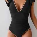 Aidonger Women's One Piece Ruffle Swimsuit Tummy Control Bathing Suit V Neck Shell Stitched Swim Suit Slimming Swimwear (Black, L)