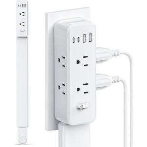 Outlet Extender Stick, 360 Rotating Wall Outlet Expander with 22-35" Extendable Base, 10-in-1 Power Strip Stick with 6 AC Outlets, 4 USB Ports (2 USB-C), Flat Plug for Behind Couch, Home, Office