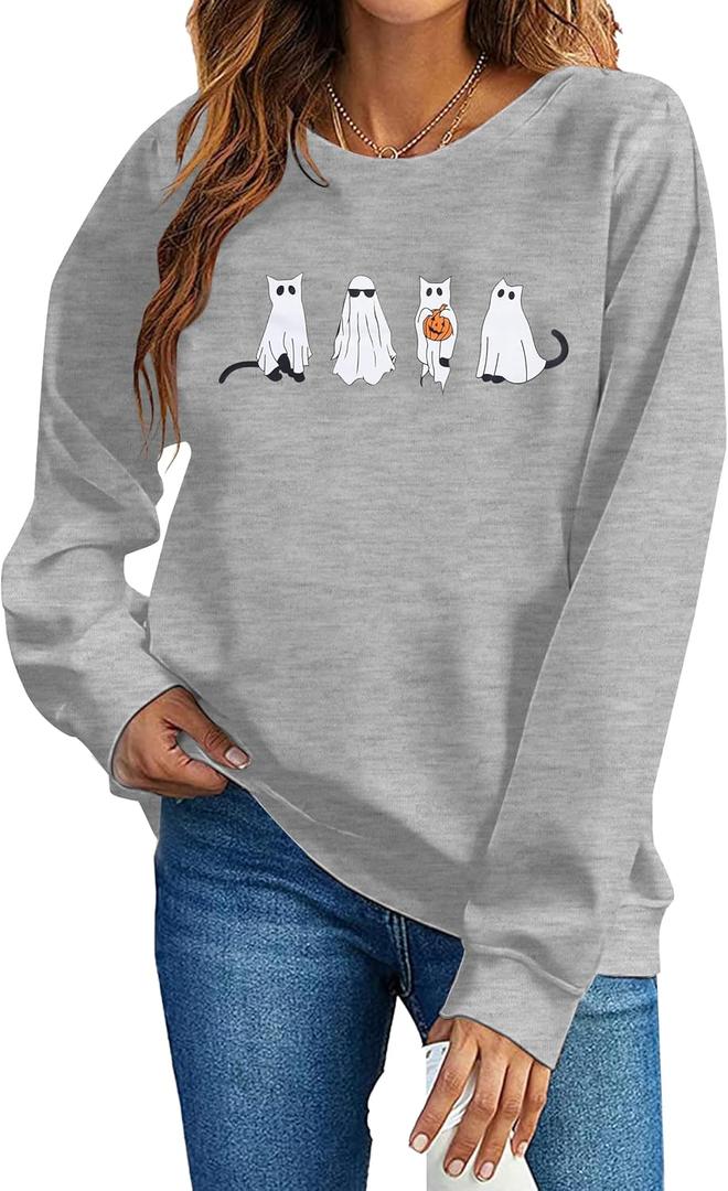 MNLYBABY Halloween Cat Sweatshirt Women Funny Cat Ghost Graphic Shirt Gifts Spooky Long Sleeve Crewneck Shirt Tops (Gray)