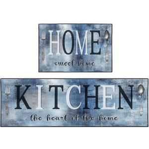 Navy Blue Kitchen Rugs and Mats Non Skid Washable Set of 2, Abstract Oil Painting Vintage Floor Mats, Sweet Heart Home Runner Rug, Rustic Kitchen Decor