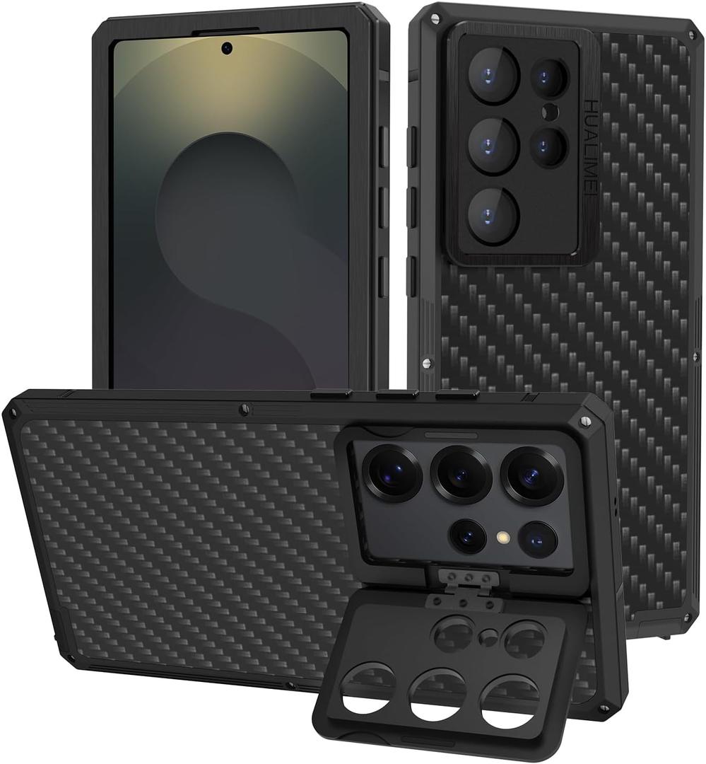 Luxury Carbon Fiber Aluminum Case for Samsung Galaxy S25 Ultra, Heavy Duty Rugged Military Protective Phone Cover with Camera Lens Protector Stand, Black