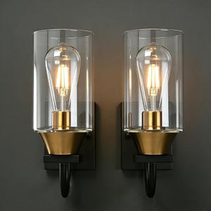 Black & Gold Wall Sconces Set of 2,Glass Bathroom Light Fixtures, 2 Pack