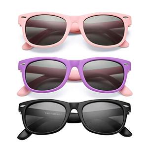 COASION Kids Polarized Sunglasses Set TPEE Rubber Flexible Shades for Girls Boys Age 3-9 Sunglasses 3 Pack (Pink/ Grey + Purple/ Grey + Matte Black/ Grey)
