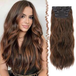 FESHFEN Clip in Hair Extensions for Women - 4 Pcs Thick Double Weft Long Wavy Soft Synthetic Blends Well Hair Extension, 24 inch Black Brown & Auburn