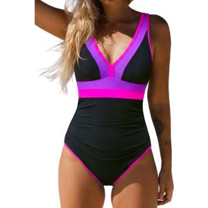 popvil One Piece Swimsuits for Women 2026 Tummy Control Neon Bathing Suit with Adjustable Strap (L)