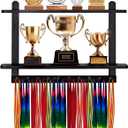 LAVIEVERT Wooden Medal Hanger & Trophy Shelf, Wall-Mounted Race Display with 2 Tier Storage Shelf and 19 Hanging Bars