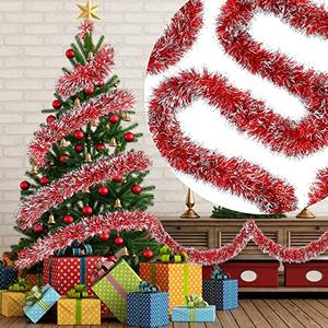 50 Feet Christmas Tinsel Garland Metallic Twist Garland Frost Tip Glitter Xmas Tree Decorations Shiny Wreath for Christmas Party Supplies Indoor and Outdoor Decor, 3.5 Inch Wide (Red, White)