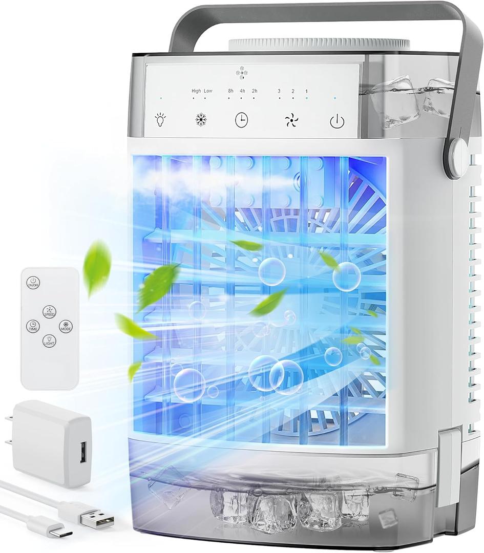 Portable Air Conditioners, Mini Evaporative Air Cooler with Remote, 3 Wind Speed & 2 Mist Mode, 7-Color Night Light, 2-4-8H Timer, 1600ML Water Tank Small Cooling Fan for Home Office Bedroom