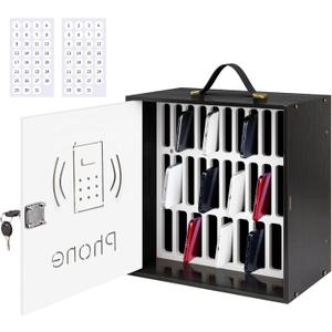HZE Wooden Cell Phone Holder Classroom, 31 Slots Cell Phone Storage Cabinet Pocket Chart with Handle, Desktop Cell Phone Storage Box with Security Lock for Classroom Office (Black)