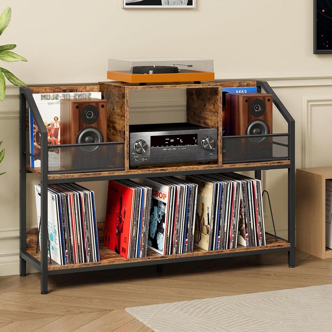 CHOEZON 43" Vinyl Record Storage Holder, Large Record Player Table, Holds up to 400 Albums, Vinyl Record Player Display Stand, Removable Dividers, for CD, Audio Equipment Storage, Rustic Brown TCW77BF