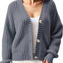 Women’s Chunky Knit Cardigan – Waffle Knit Button Down Oversized V Neck Fall Sweater for Casual Layering (Gray, M)