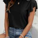 SHEWIN Womens Summer Tops Casual Crewneck Ruffle Short Sleeve T Shirts Hollow out Tunic Top Loose Fit (Black, S)