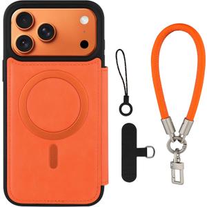 Wallet Phone Case Crafted for iPhone 17 Pro Orange | PU Leather Phone Case Flip Cover Wrist Strap Card Holder Slots