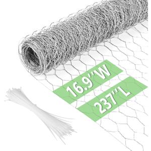 Chicken Wire 16.9 in x 237 in Poultry Wire Netting Hexagonal Galvanized Mesh Garden Fence Barrier for Pet Rabbit Chicken Fencing with 100 Pcs Cable Zip Ties (Silver)