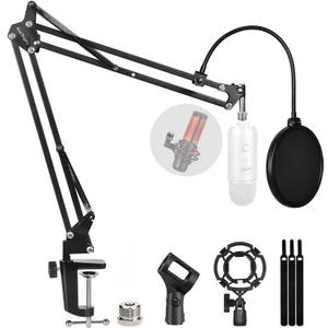 Microphone Stand for Blue Yeti, Quadcast Boom Arm Scissor Mic Stand with Windscreen and Double layered screen Pop Filter Heavy Duty Mic Boom Scissor Arm Stands, Broadcasting and Recording.Game