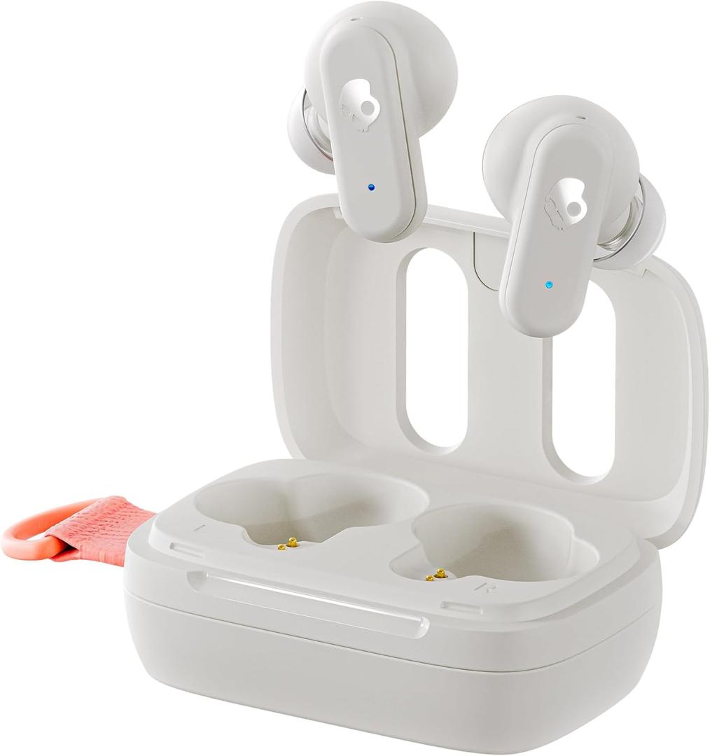 Skullcandy Dime 3 Wireless Earbuds, Bluetooth Headphones, Noise Isolating Fit, Up to 20 Hours Battery, Microphone for iPhone Android, Easy Carry with Integrated Lanyard - Bone (Bone/Orange Glow)