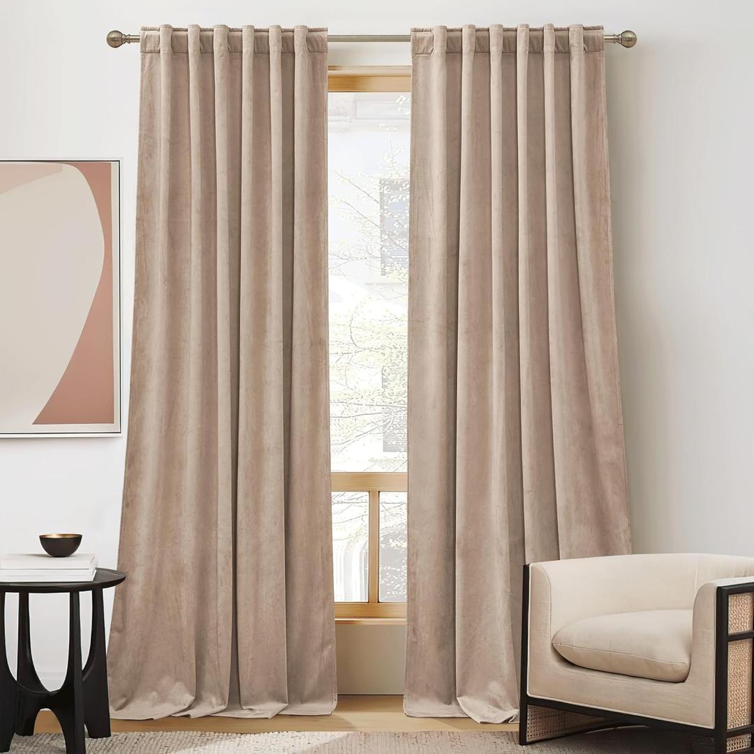 RYB HOME Blush Velvet Curtains 102 inches, Back Tab Soft Fabric Room Darkening Thermal Insulated Luxurious Home Decor Curtains for Living Room Bedroom, W 52" x L 102", 2 Panels Set