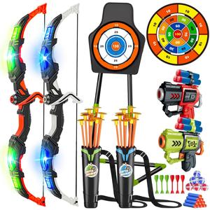 VATOS Pack of 2 Bow and Arrow Toy for 5 6 7 8 9 10 11 Year Old Boys Girls, Light Up Archery Toy with Cup Suction Standing Target & 29 in Dart Board, Indoor Outdoor Activity Toys Birthday