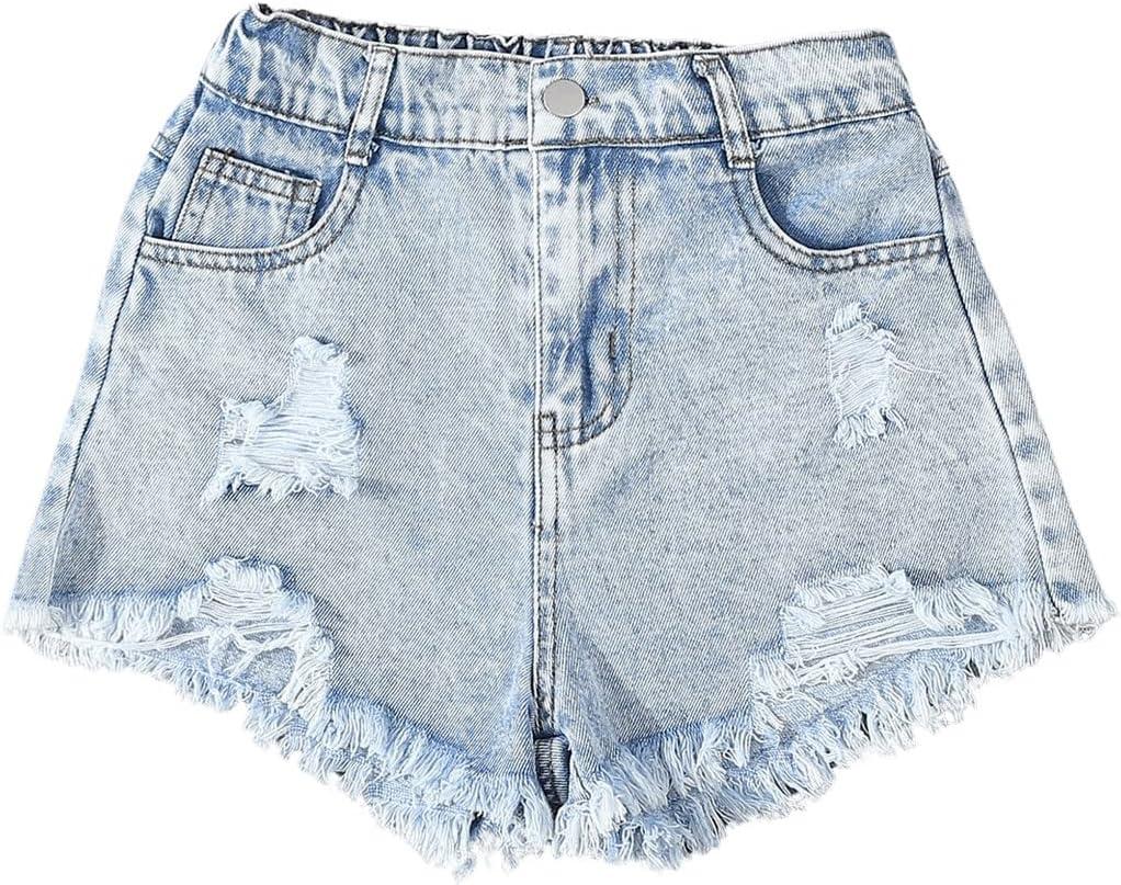 GORGLITTER Girl's Ripped Jean Shorts High Waist Straight Leg Denim Shorts 11Y