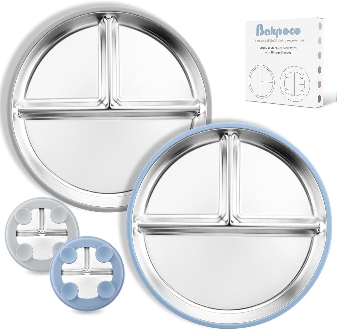 Bakpoco Stainless Steel Toddler Plate with Suction, 9 Divided Plates with Removable Silicone Sleeves for Kids, Non Toxic & BPA Free | Non Slip | Unbreakable Baby Snack Dishes Set of 2, Blue & Gray