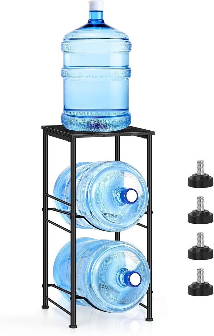 Water Bottle Holder 5 Gallon Water Jug Holder with Storage Shelf, 2 Tier Black Water Bottle Rack Stand with 2 Slots for Small Space, Kitchen, Home Office, Living Room (Round Tube)