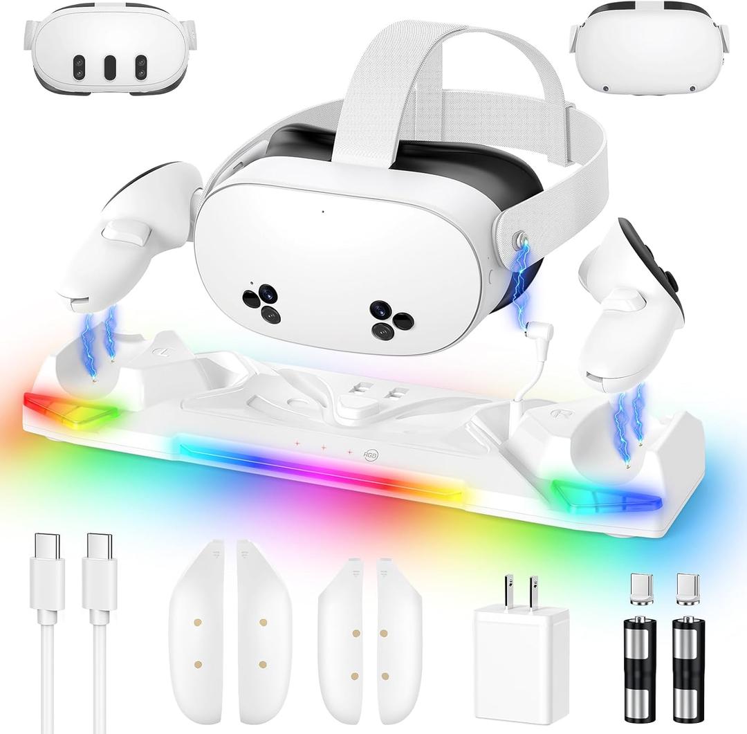 Kinwin 30W Fast Charging Dock for Meta Quest 3S/3/2, Magnetic Charger Station Stand for Oculus Quest 3S/3 Accessories with 11-Color RGB Light, 2 Rechargeable Batteries & Covers for Headset (White)