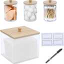 4 Pack Qtip Holder Dispenser with Bamboo Lids & Disposable Face Towel Holder Set, Clear Storage Bins for Facial Cloth, Vanity Makeup Storage Organizer, Bathroom Essentials Accessories Decor