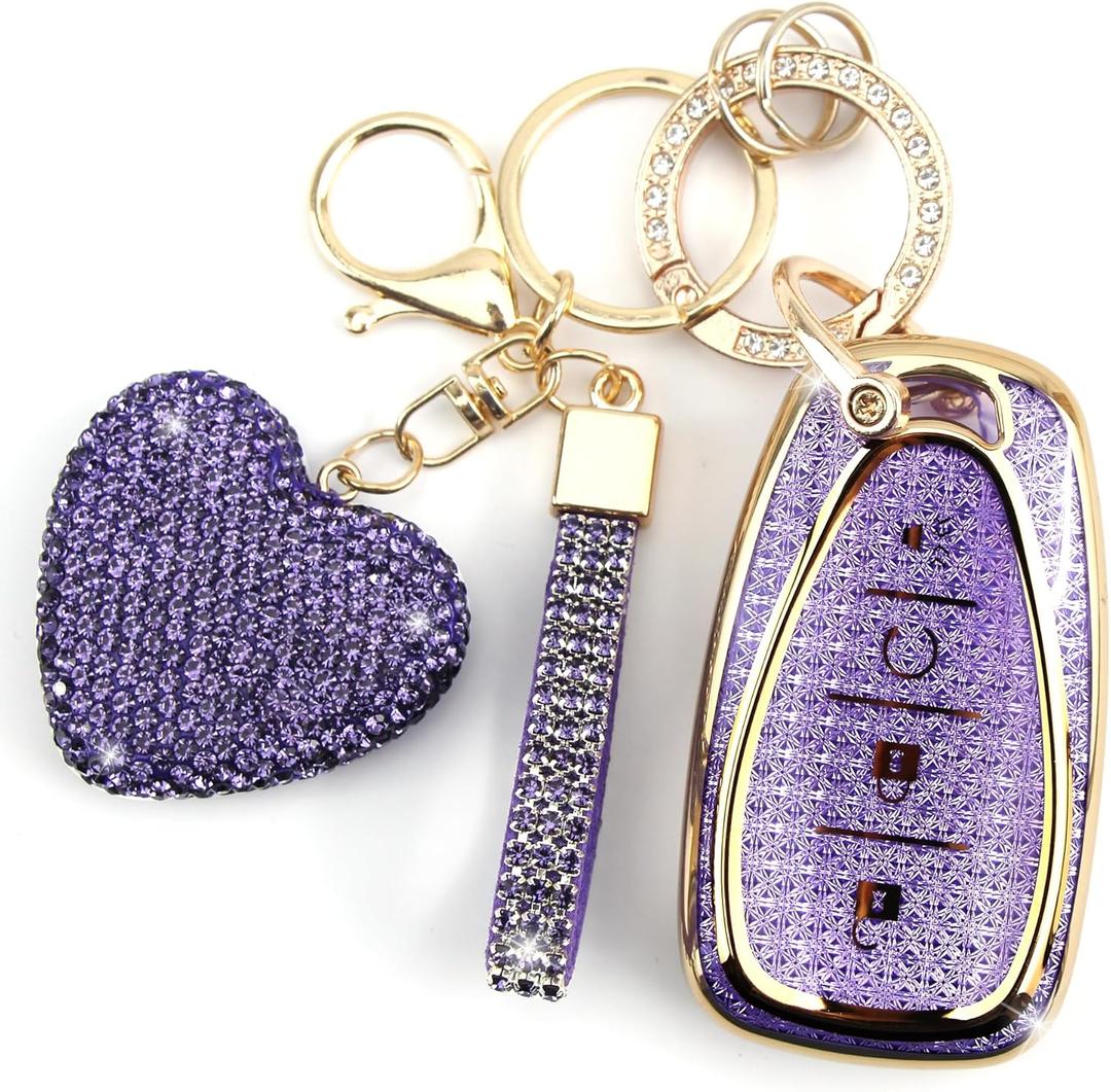 Key Fob Cover for Chevy with Diamond Keychain for Women Car Key Holder Compatible with Chevrolet Equinox Malibu Cruze Traverse Camaro Trax Blazer Volt Bolt Protector, 4 Buttons (Purple-Heart)