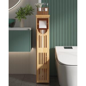 AmazerBath Toilet Paper Storage Cabinet Bamboo, Toilet Paper Holder with Storage for Small Spaces, Slim Bathroom Storage Cabinet, 33x7.3x6.5 Inches