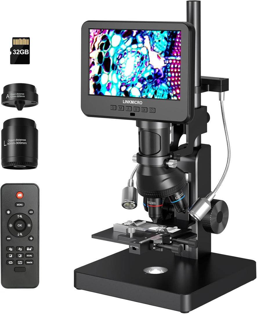 LM266S 5 Lens HDMI Digital Microscope 5000X for Adults, Lab Biological Microscope with Screen for Slides, Mechanical X-Y Stage, UHD 2160P Video, 7" LCD USB Coin Camera Full View, 32GB