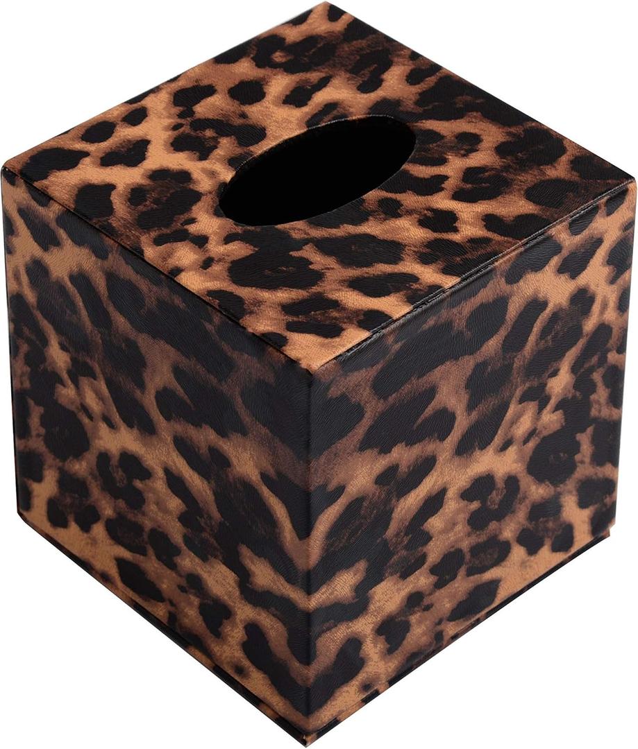 S Forever Home Decor Cube Tissue Box Holders PU Leather Square Tissue Box Cover (Leopard)
