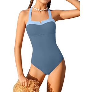 Shallmu Girls One Piece Swimsuits Color Block Dual Crossback Straps with Cover Up Skirt Girl's Swimwear 9-16Y (11-12 Years, Blue)