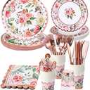 Vintage Floral Party Supplies Rose Gold for Mother's Day - Serves 16 - Includes Flower Paper Plates Cups Napkins Knifes Forks for Baby Shower Bridal Shower Wedding Birthday Decorations Tea Party