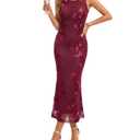 Women's Sleeveless Floral Bodycon Slit Midi Wedding Guest Cocktail Dress (Red, S)
