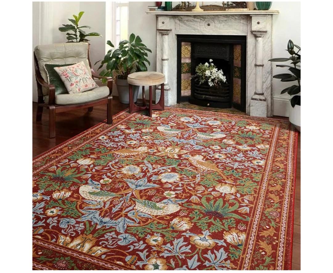 RoomTalks Ultra Thin Country Rustic 60×90Entryway Rug Entrance NonSlip Washable Indoor Door Mat, Rusty Red Strawberry Thief Rug, Vintage Botanical Floral Forest Accent Throw Rugs for Bathroom Kitchen