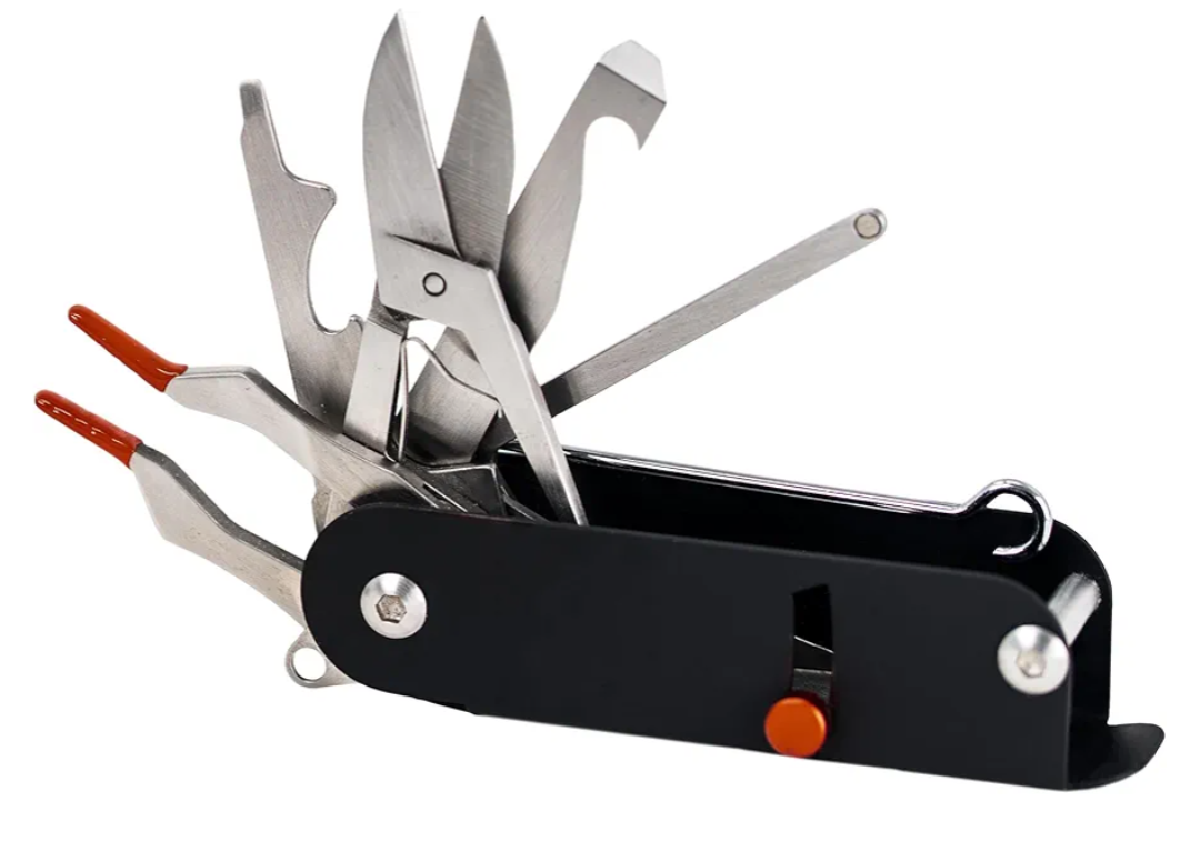 Eleven21 Pro Tools Multi Tool, 11-in-1 Multitool for Survival Gear, Credit Card Grabber for Long Nails, EDC Tools, Easy Open Lever Pocket Tool, Mini Multitool Keychain w/Screwdriver, Scissor & More