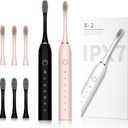 SUNPRO 2 Pack Sonic Electric Toothbrush, 6 Brush Modes 42000 VPM, Built in Timer with 8 Heads(Black+Pink)
