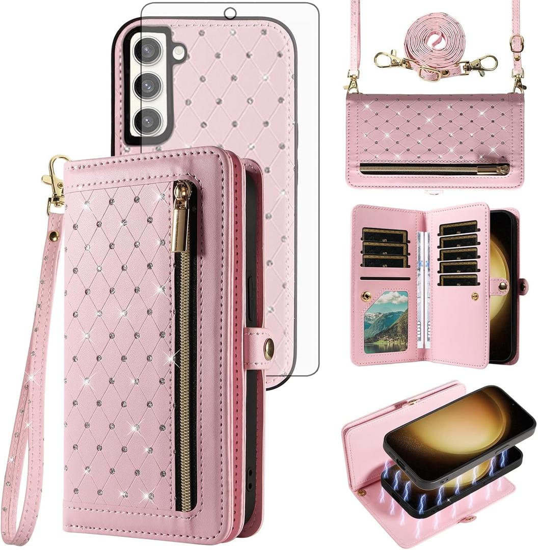 Phone Case for Samsung Galaxy S23 Plus S23+ 5G Zipper Wallet Detachable Cell Cover with Screen Protector Crossbody Strap Bling Flip Credit Card Holder S23plus 23S + S 23 23+ SM-S916U Women Girls Pink