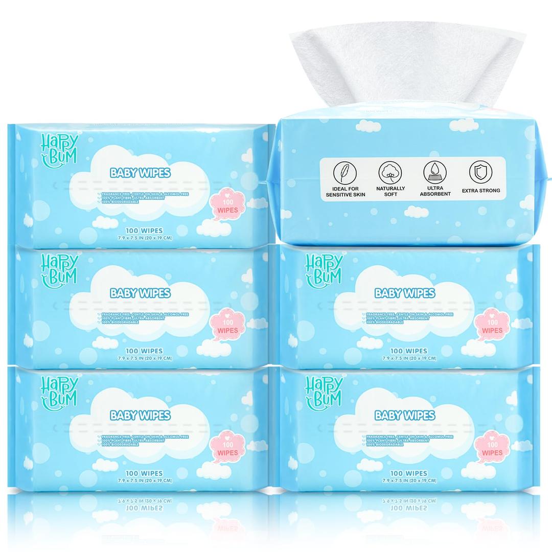 HAPPY BUM Baby Wipes, Large Dry Wipes for Baby, Unscented, Sensitive Skin, Wet and Dry Use, 600 Count, 6 Packs